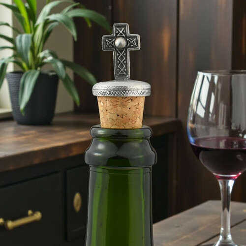 English Made Pewter & Cork Celtic Cross Wine Bottle Stopper in Gift Pouch