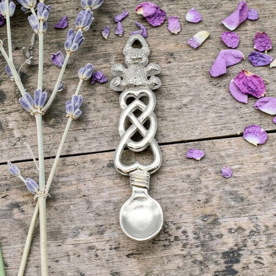 English Made Bright Pewter Entwined Hearts & Teddy Lovespoon