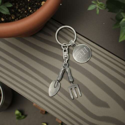 Personalised English Made Pewter Fork & Trowel Keyring