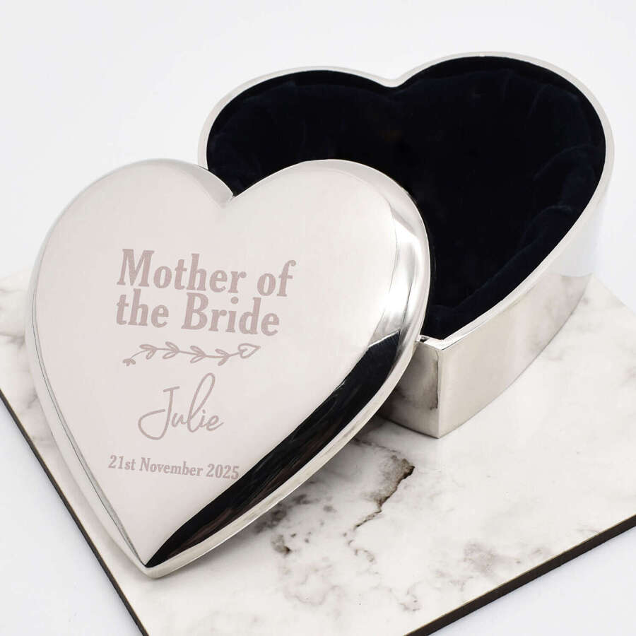 Personalised Mother of the Bride Design Silver Heart Shaped Trinket Box