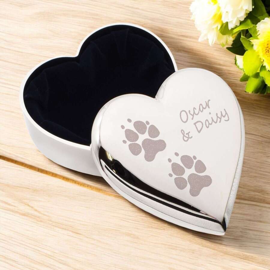 Personalised With Name or Names Paw Print Design | Silver Heart Shaped Trinket Box