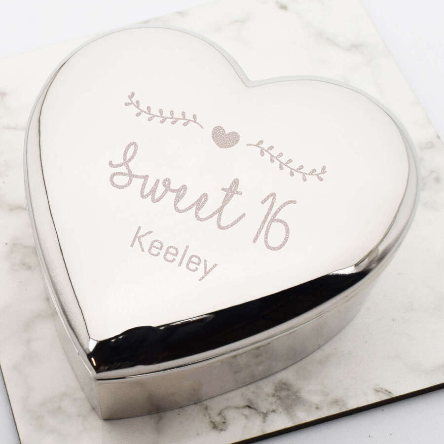 Sweet 16 Personalised with Name 16th Birthday Heart Design Silver Heart Shaped Trinket Box
