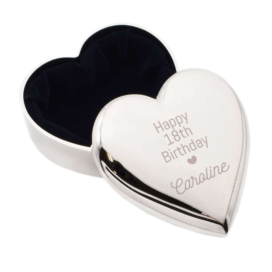 Personalised With Name 18th Birthday Heart Design Silver Heart Shaped Trinket Box