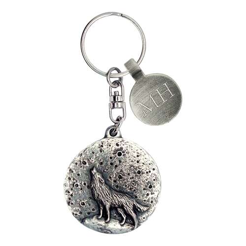 Personalised English Made Pewter Wolf Against the Moon Keyring