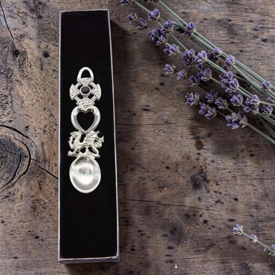 English Made Bright Pewter with Purple Stone Celtic Cross Lovespoon