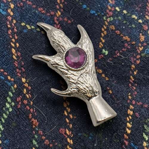 English Pewter Grouse Claw Purple Gem Brooch in Gift Box