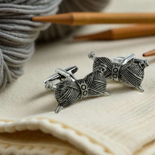 Balls of Wool Yarn with Crossed Knitting Needles Cufflinks Presented in a Leatherette Case