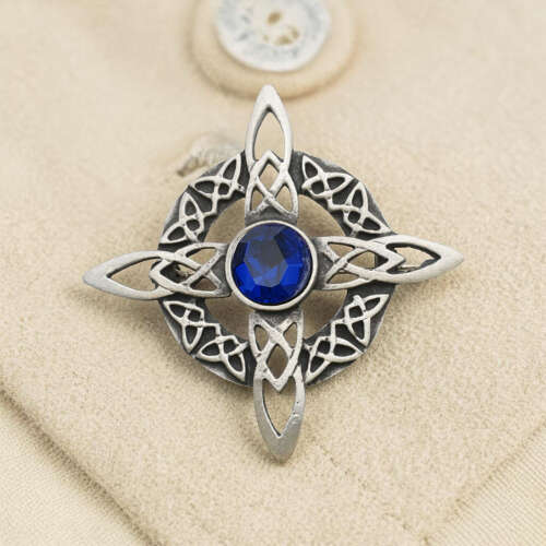 English Pewter Celtic Round Cross Blue Gem Stone Brooch in a Gift Box