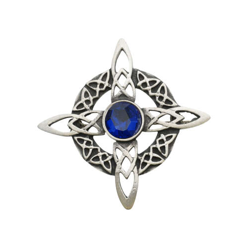 English Pewter Celtic Round Cross Blue Gem Stone Brooch in a Gift Box