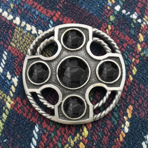 English Pewter Celtic Round Cross Black Stone Brooch in a Gift Box