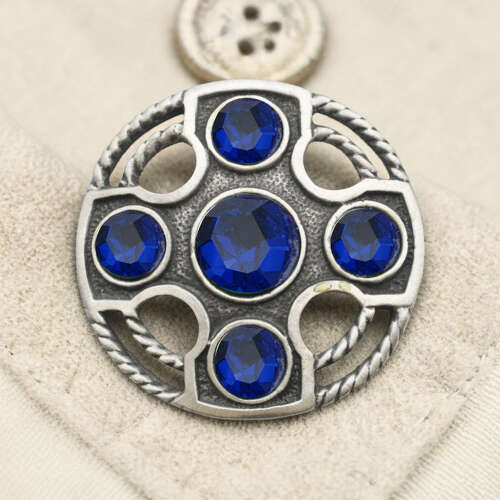 English Pewter Celtic Round Cross Blue Gem Stone Brooch in a Gift Box