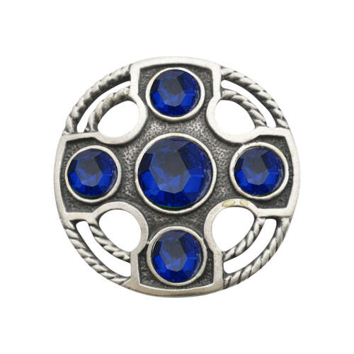 English Pewter Celtic Round Cross Blue Gem Stone Brooch in a Gift Box