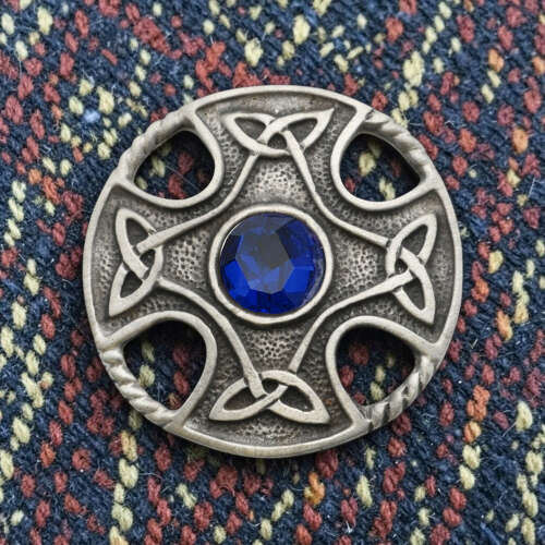 English Pewter Celtic Round Cross Blue Gem Stone Brooch in a Gift Box