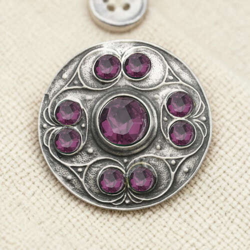 English Pewter Round Purple Gem Stone Brooch in a Gift Box