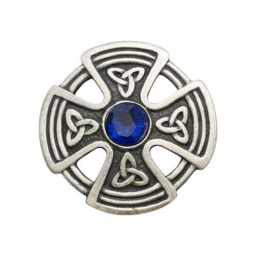 English Pewter Round Celtic Cross Blue Gem Stone Brooch in a Gift Box