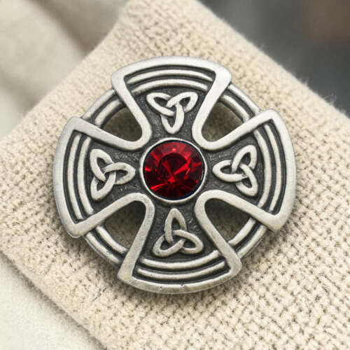 English Pewter Round Celtic Cross Red Gem Stone Brooch in a Gift Box