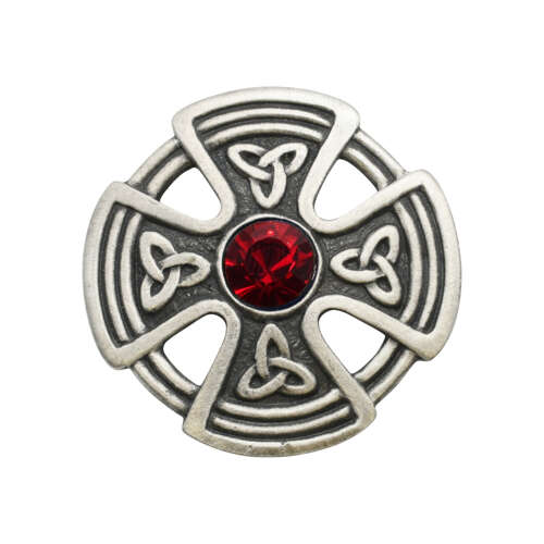 English Pewter Round Celtic Cross Red Gem Stone Brooch in a Gift Box