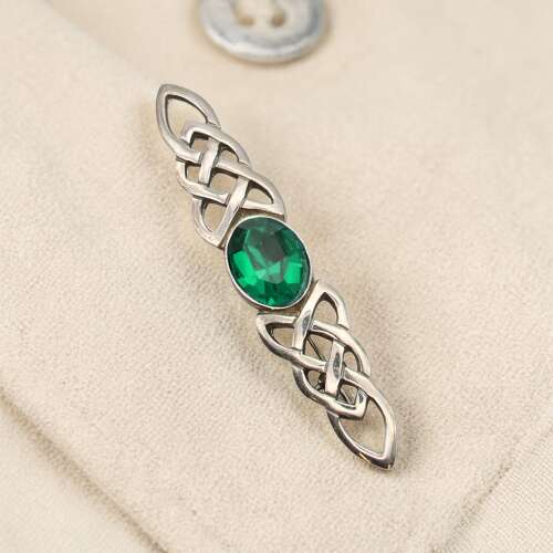 English Pewter Celtic Twist Green Gem Stone Brooch in a Gift Box