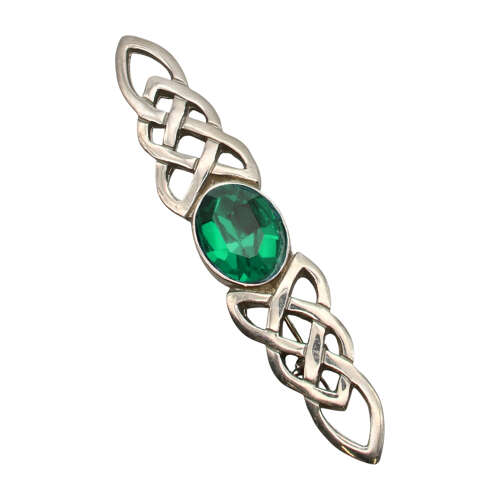 English Pewter Celtic Twist Green Gem Stone Brooch in a Gift Box