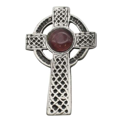 English Pewter Celtic Cross Cairngorm Stone Brooch in a Gift Box