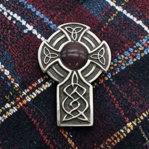 English Pewter Celtic Cross Cairngorm Brooch in a Gift Box