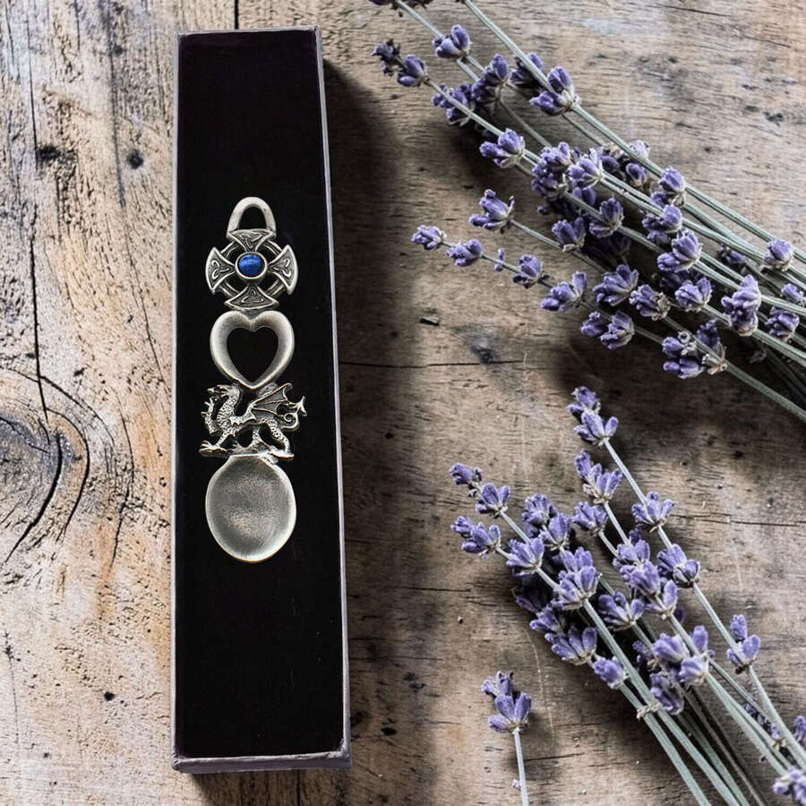 English Made Antique Finish Pewter with Blue Stone Celtic Cross Lovespoon