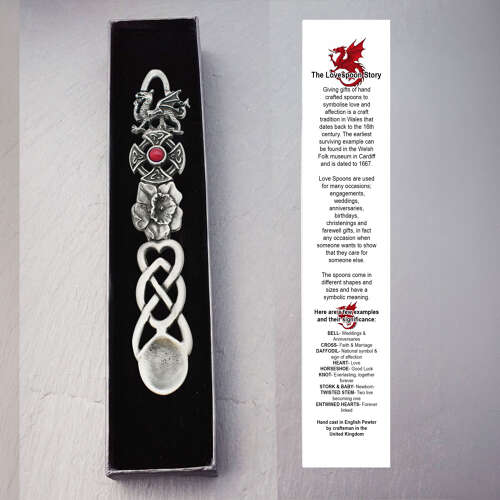 English Made Antique Finish Pewter Pink Stone Celtic Lovespoon