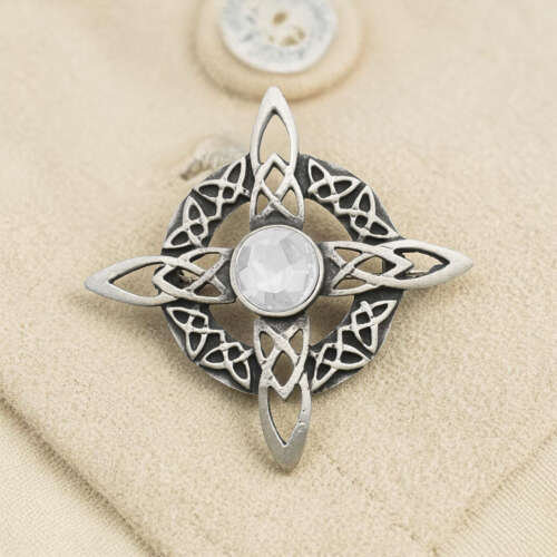 English Pewter Celtic Round Cross Clear Gem Stone Brooch in a Gift Box