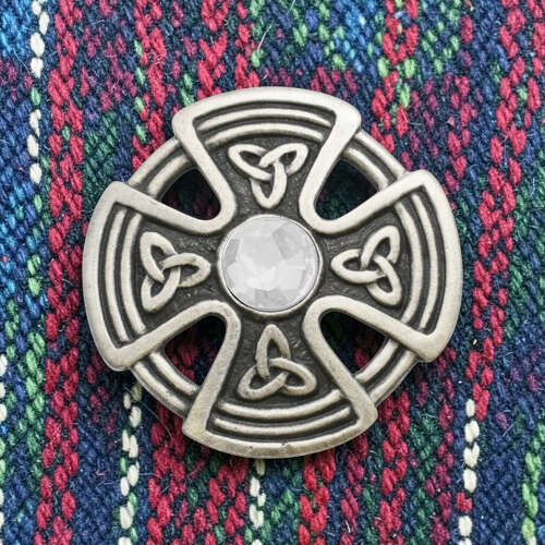 English Pewter Round Celtic Cross Clear Gem Stone Brooch in a Gift Box