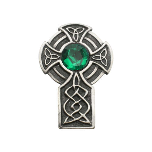 English Pewter Celtic Cross Green Brooch in a Gift Box