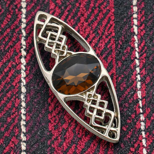 English Pewter Celtic Knotwork Cairngorm Gem Stone Brooch in a Gift Box