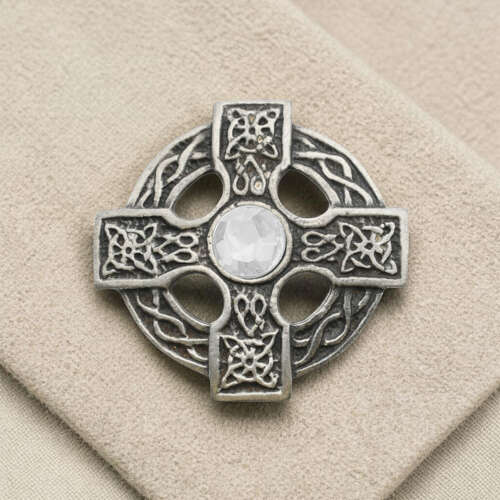 English Pewter Celtic Cross Clear Gem Stone Round Brooch in a Gift Box