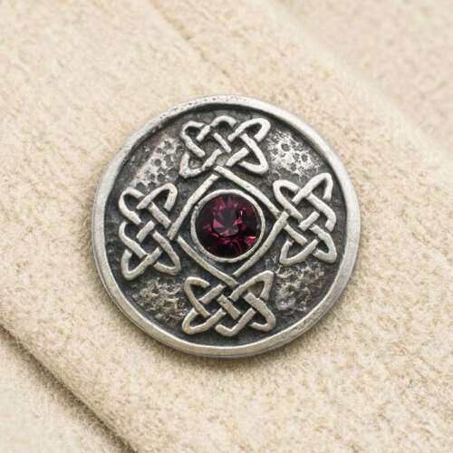 English Pewter Celtic Purple Gem Stone Round Brooch in a Gift Box
