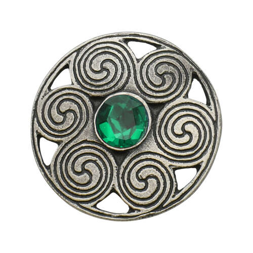 English Pewter Green Gem Celtic Round Brooch in a Gift Box