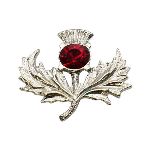 English Pewter Thistle with Red Gem Stone Brooch in a Gift Box