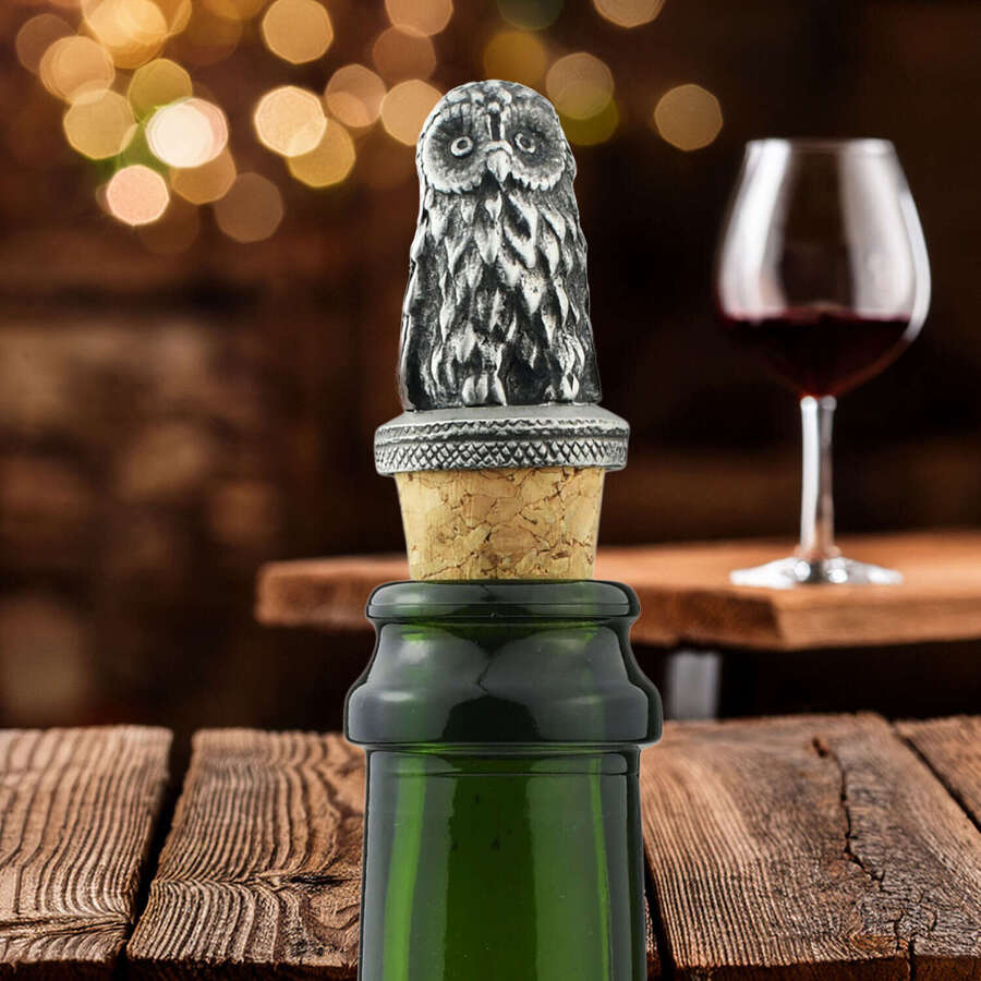 English Made Pewter & Cork Big Feather Owl Wine Bottle Stopper