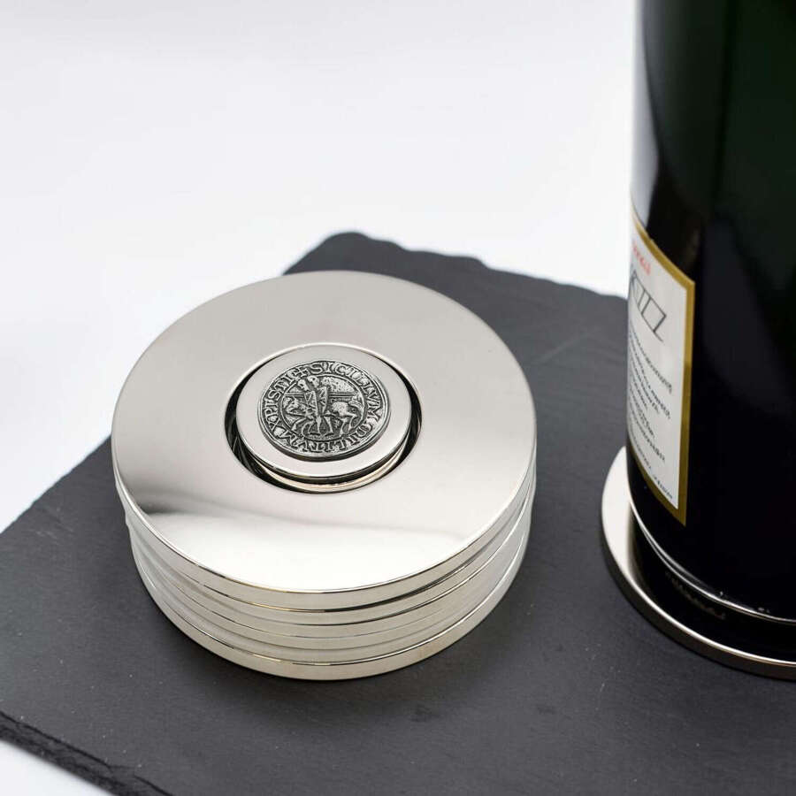 English Made Pewter Templar Seal Design Coaster Set