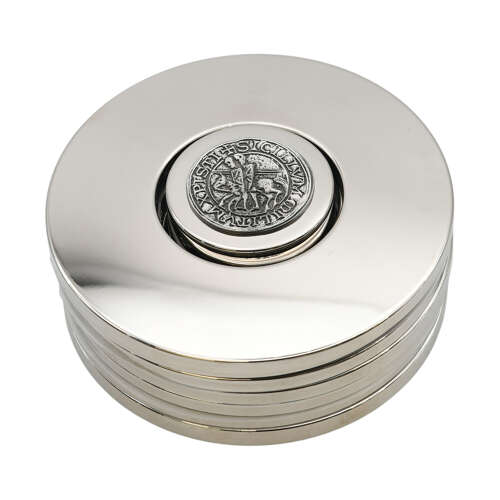 English Made Pewter Templar Seal Design Coaster Set