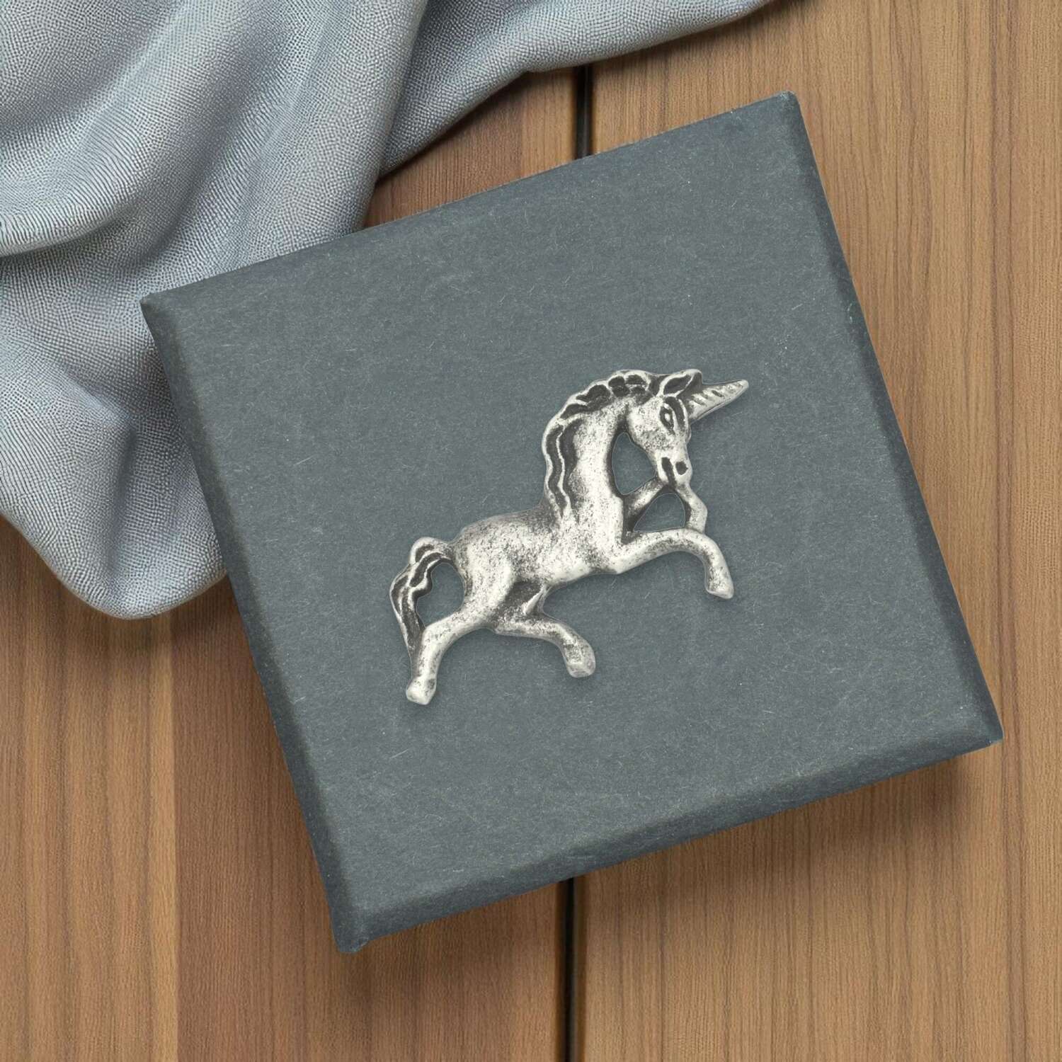 English Made Pewter Unicorn Lapel Pin Presented in a Box