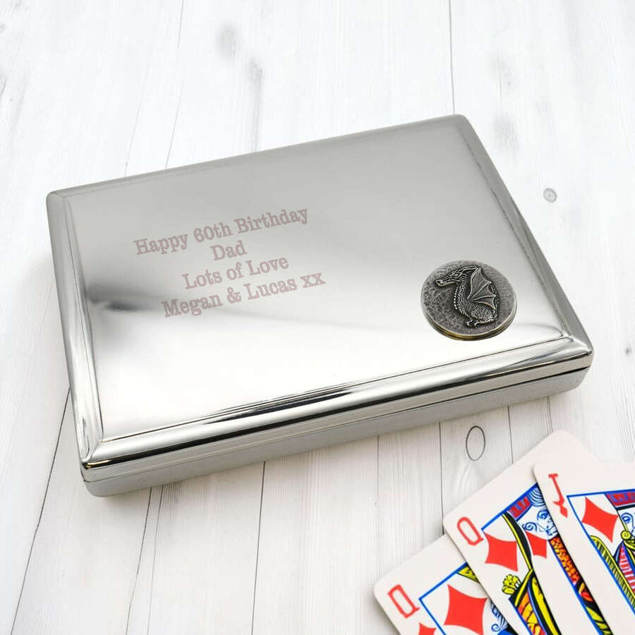 Personalised English Made Pewter Mythical Dragon Metal Playing Card Case