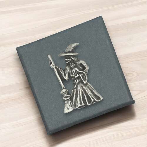 English Made Pewter Witch with Broomstick Lapel Pin Presented in a Box