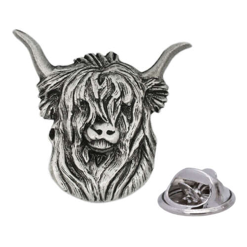 English Made Pewter Highland Cow Lapel Pin Presented in a Box