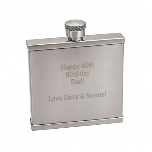 Stylishly Engraved With Personalised Message Thin Square Brushed Metal 2oz Hip Flask