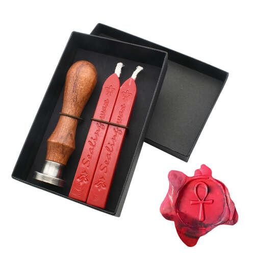 English Made Pewter Ankh Wax Seal With Wooden Handle & Wax Sticks Boxed S